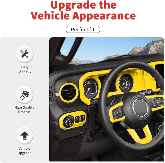 21PCS Full Set Interior Trim Kit for 2024-2026+ Jeep Wrangler JL JLU & Jeep Gladiator JT, Dashboard Side Outlet Door Handle Bowl Headlight Switch Roof Reading Light Cover (Yellow)