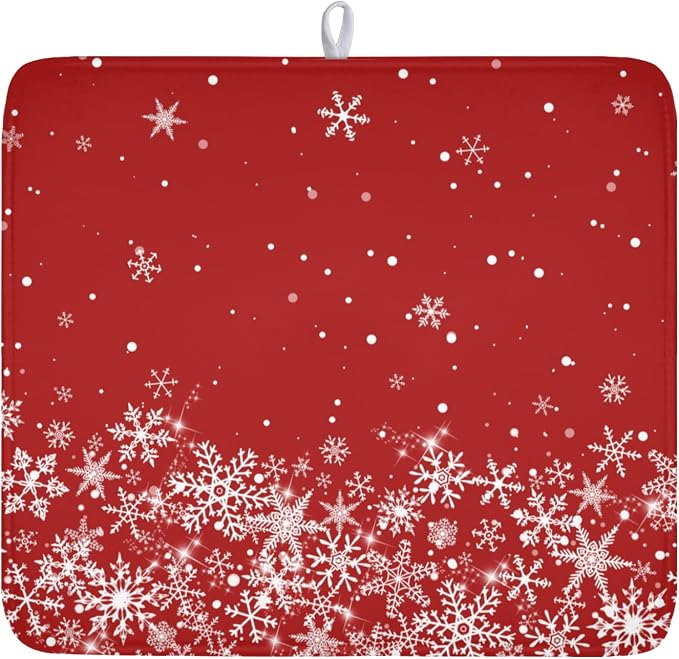 Christmas Dish Drying Mat for Kitchen Counter 16 x 18 Inch Xmas Snowflake Dish Drainer Mat Absorbent Microfiber Red Dish Rack Pad for Holiday Winter Coffee Dining Bar Decor