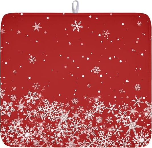 Christmas Dish Drying Mat for Kitchen Counter 16 x 18 Inch Xmas Snowflake Dish Drainer Mat Absorbent Microfiber Red Dish Rack Pad for Holiday Winter Coffee Dining Bar Decor