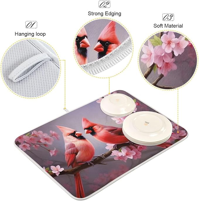 Dish Drying Mat Kitchen Counter Absorbent Red Cardinals Coffee Sink Mat Dish Drainer Pad 18 Inch x 16 Inch