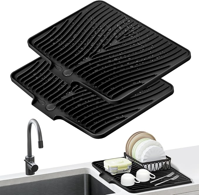 TIKNIK Silicone Dish Drying Mat for Kitchen Counter - Heat Resistant & Non-Slip Dish Drain Pad with Built-In Drain, Dishwasher Safe, Quick-Dry, Hangable & Roll-Up for Storage, Black-2pcs, 16" x 12"