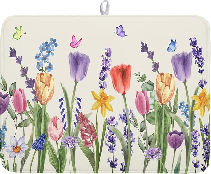 Spring Summer Floral Dish Drying Mat for Kitchen Counter 18x24 Inch Spring Flowers Dish Drainer Rack Mats Absorbent Kitchen Drying Mat Botanical Floral Drainer Rack Mats for Kitchen Countertop Decor