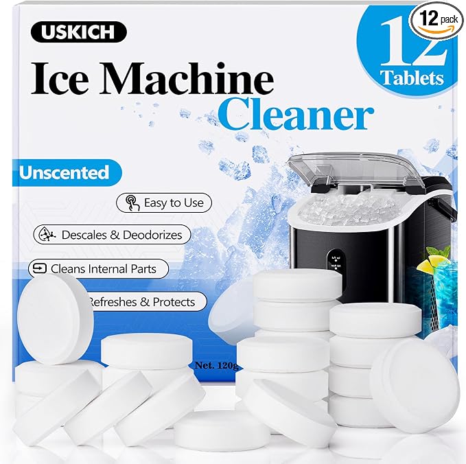 USKICH Ice Machine Cleaner Descaler Tablets-12 Pack Ice Maker Cleaner Compatible with Frigidaire, Opal, GE Profile, Kitchenaid, Nickel Safe Scale Remover for Countertop, Nugget Ice Makers