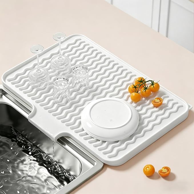 Rnivvi Silicone Dish Drying Mat for Kitchen Counter, 16 x 12" Drainer Pad with Drainage Spout, Heat Resistant Trivet Non-Slip Dish Rack Mats for Countertop Protection, Kitchen Bar Decor Pad, White
