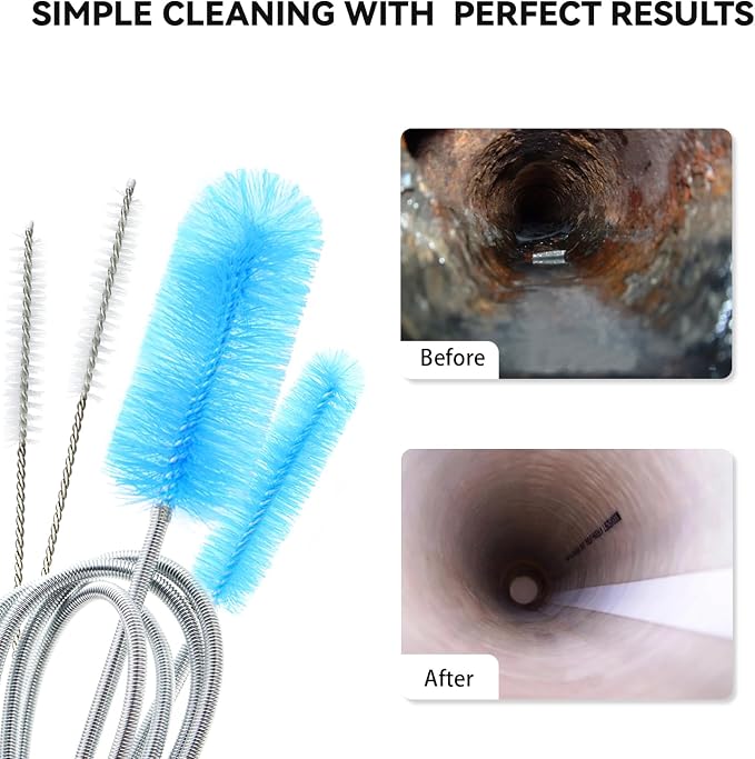 Flexible Drain Brush, 66 Inch Long Double Ended Hose Pipe and 58 Inch Tube Cleaning Brush and 2 Pack 8 Inch Straw Cleaner Brush