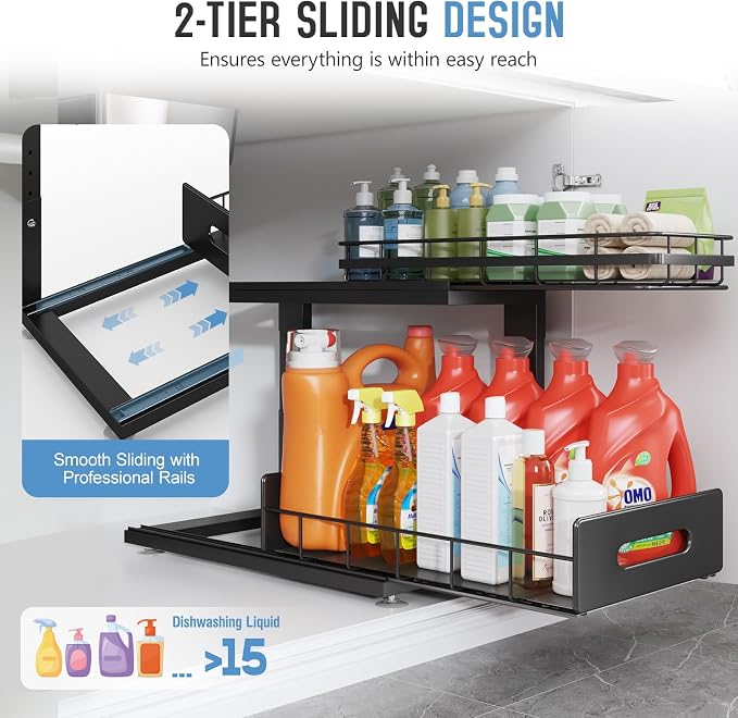 Under Sink Organizer Upgrade To Professional Rails,2-Tier Dual Pull Out Cabinet Storage,Height Adjustable Slide Out Drawers For Bathroom Kitchen,2 Pack-18.5"Dx12.8"-16.9"H,Black