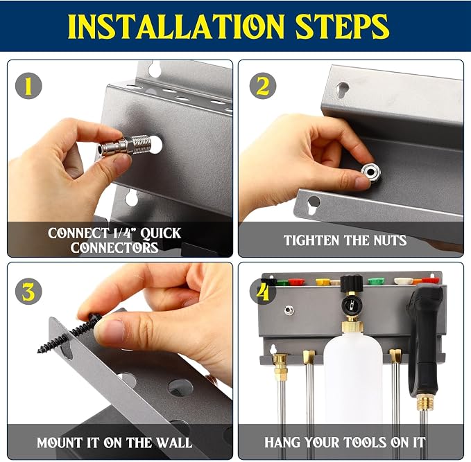 DoubleFill Pressure Washer Gun Holder, Wall Mount Foam Cannon Holder, Car Wash Accessories Organizer for Wand/Nozzle Tips, 1/4'' Pressure Washer Accessories Storage Rack (Silver Gray)