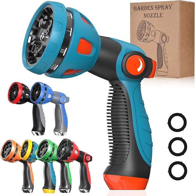 HmiL-U Garden Hose Spray Nozzle - 10 Adjustable Patterns Metal High Pressure Hose Nozzle with Thumb Control Design, Hose Sprayer for Garden & Lawns Watering, Cleaning, Pets & Car Washing