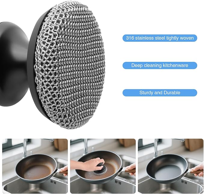Cast Iron Scrubber Cleaner, Chainmail Scrubber for Cast Iron Pan Skillet, Dish Scouring Pad, 316 Stainless Steel Brush/Scraper for Metal Skillet Scrubbing, Wok, Dutch Oven Cleaning Kit - Thin Mesh