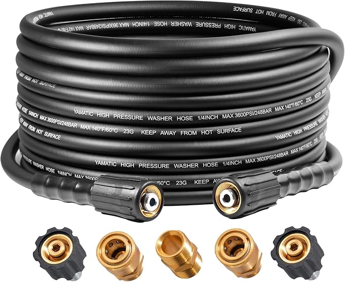 YAMATIC 3600PSI Pressure Washer Hose For Power Washer 25FT X 1/4", Kink Resistant Heavy Duty Power Washer Extension Replacement Hose With M22-14mm x 3/8" Quick Connect Kit For Gas & Electric