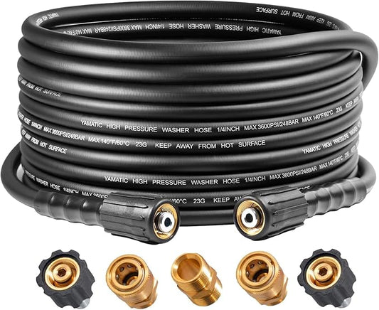 YAMATIC 3600PSI Pressure Washer Hose For Power Washer 25FT X 1/4", Kink Resistant Heavy Duty Power Washer Extension Replacement Hose With M22-14mm x 3/8" Quick Connect Kit For Gas & Electric
