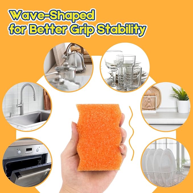LAUNDRYLUX Scrub Sponge, 4 Pack Dual-Sided Temperature-Responsive Scrubber - Non-Scratch - Multipurpose Dish Sponges for Kitchens, Bathrooms, and Outdoor Use - Wave-Shaped