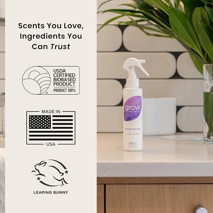 Grow Fragrance Scented Fabric and Room Air Freshener Spray - Certified Non-Toxic, 100% Plant-Based Essential Oils - 5 oz (Lavender Blossom 2-Pack)