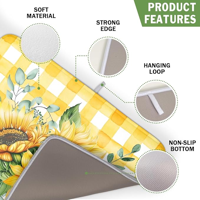 Sunflower Dish Drying Mat 16x18 Inch Absorbent Reversible Summer Sunflower Drying Mat Summer Plaid Dish Drying Rack Mat Yellow Summer Themed Dish Drainer Mat for Kitchen Counter Coffee Bar