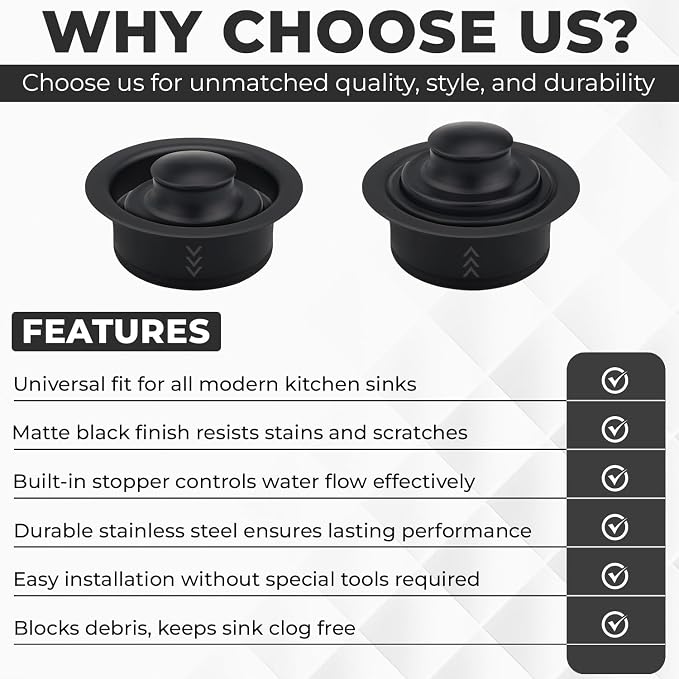 Garbage Disposal Flange Drain with Water Stopper- Universal Matte Black Stainless Steel Flange Fit 3-1/2 Inch Kitchen Sink Hole for Easy New Installation or as a Replacement Accessories Kit