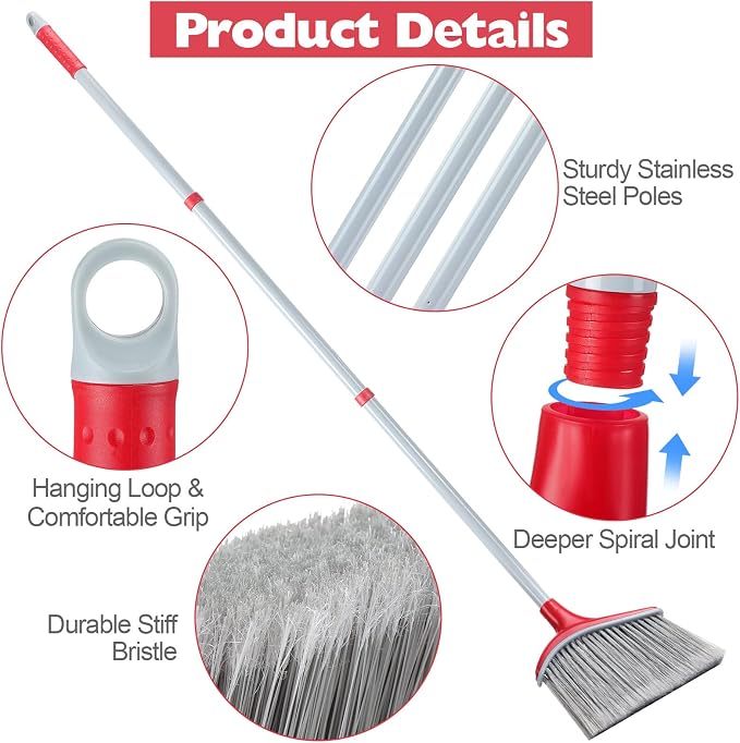 Meanplan 4 Pcs Angle Broom and Dustpan Combo Set for School Classroom 54'' Outdoor Indoor Cleaning Broom Commercial Broom with Step-on Dustpan for Home Kitchen Office Floor Dirt Dust Hair Cleaning