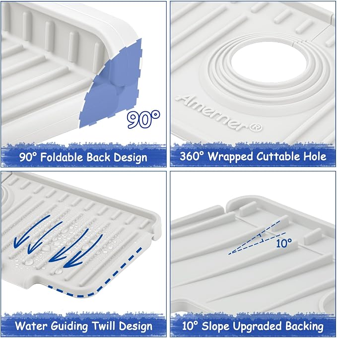Amerner Kitchen Sink Splash Guard, Silicone Faucet Guard & Draining Mat, Bathroom and Kitchen Sink Organizer, Sink Faucet Mat Water Splash Guard Behind Faucet Accessories Gadgets, 14.2” x 5.1”, White