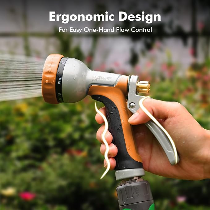 RESTMO Garden Hose Nozzle Heavy Duty, Rear Trigger Water Sprayer, Orange | 7 Adjustable Spray Patterns, Durable Metal, Flow Control, Ideal for Plants & Lawns Watering, Cars & Pets Washing