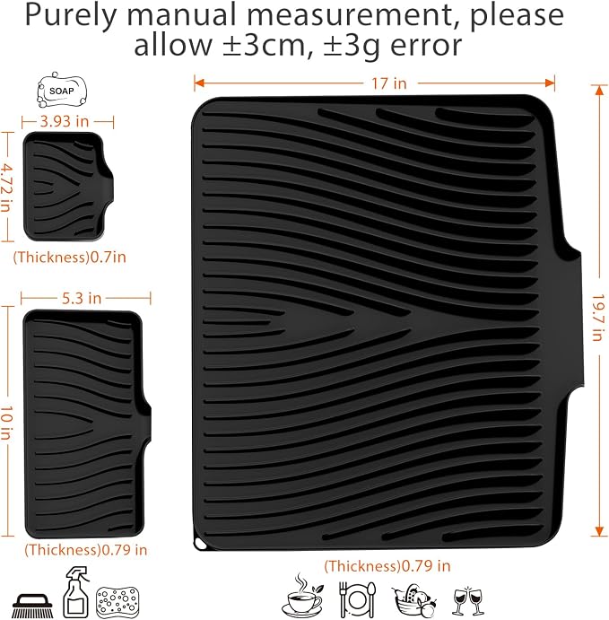 Silicone Dish Drying Mat for Kitchen counter, 19.7"x17" Extra Large Non-Slip Drain Pad with Built-in Drainage, Heat Resistant Dishwasher Safe, Black