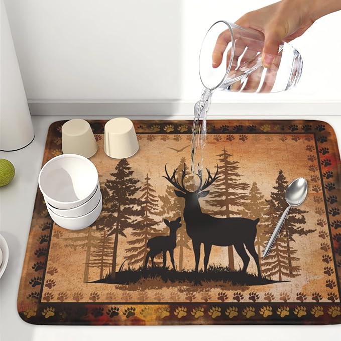Giwawa Forest Deer Dish Drying Mat Wildlife Animal Dishes Pad 18"x24" Microfiber Absorbent Fast Dry Drainer Rack Mats for Kitchen Countertop Decor