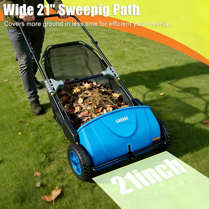GarveeLife Manual Push Lawn Sweeper 21-Inch, Yard Leaf & Debris Collector with 3.5 Cu. Ft. Collection Bag, Adjustable Brush Height for Lawns & Driveways, Foldable Storage Design