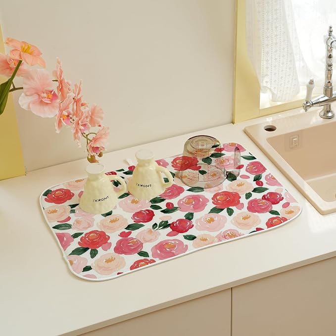 Floral Dish Drying Mat 18x24 Inch Watercolor Red Pink Flower Drying Mat Vintage Spring Summer Valentines Day Romantic Absorbent Dish Drying Pad Dish Rack Drainer Mats for Kitchen Dining Counter