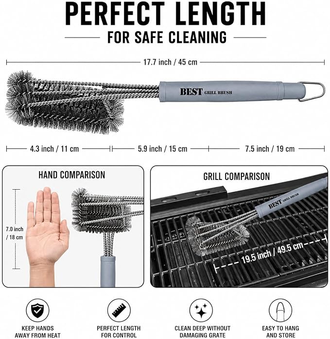 Best BBQ Grill Brush Stainless Steel 18" Barbecue Cleaning Brush w/Wire Bristles & Soft Comfortable Handle - Perfect Cleaner & Scraper for Grill Cooking Grates