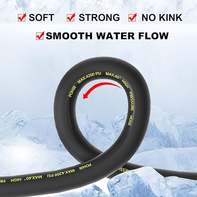 Pressure Washer Whip Hose 10 FT, 4200PSI Replacement Hose Reel Connector | POHIR Short Power Washing Hose with 3/8'' Quick Connect, Steel Wire Braid Jumper Hose Anti Kink