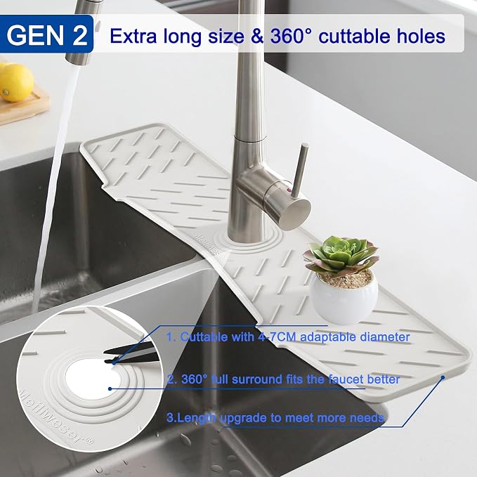 Faucet Mat for Kitchen Sink – 24” x 5.1” Extra-Long Silicone Splash Guard with 10° Slope & Upgraded Drainage – Gen 3 Sink Water Catcher & Sponge Holder for Kitchen, Bathroom (White)