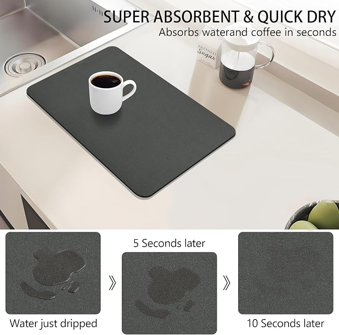 Dish Drying Mat for Kitchen Counter, 12“ x 19” Super Absorbent Kitchen Dish Drying Pad, Coffee Bar Mat with Rubber Backed, Coffee Bar Accessories for Countertop Dishes Utensils, Dark Gray
