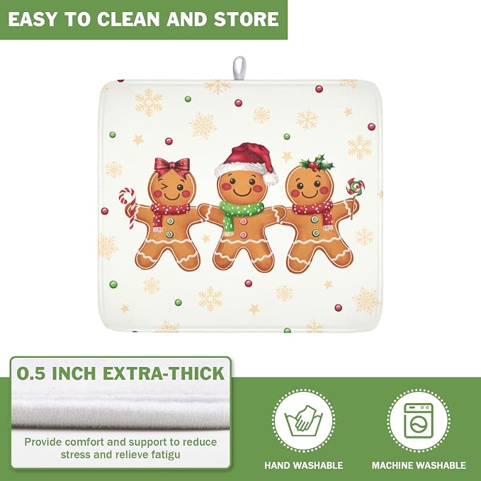 Christmas Gingerbread Man Dish Drying Mat for Kitchen Counter Xmas Gold Snowflake Dish Drainer Mat Rustic Farmhouse Winter Holiday Absorbent Washable Drying Pad 16"x18"