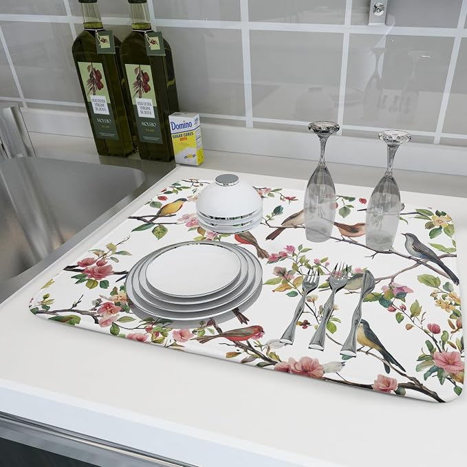Spring Dish Drying Mat for Kitchen Counter Cute Birds Summer Holiday Microfiber Absorbent Dish Draining Reusable Washable Foldable Extra Large 18"x24"