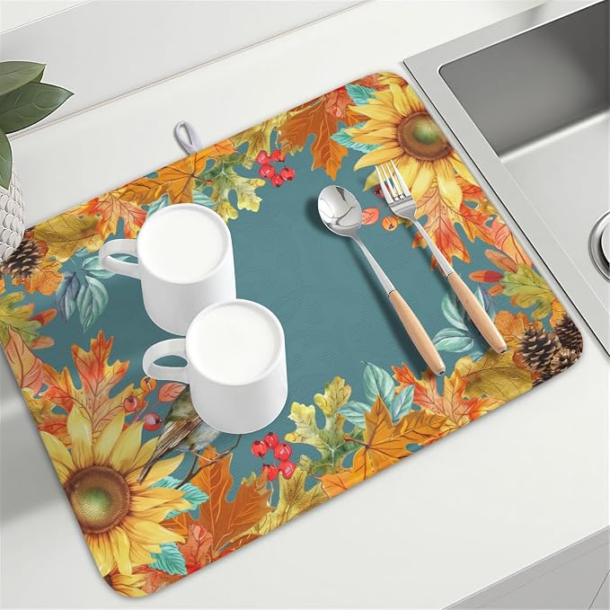 Fall Sunflower Dish Drying Mat for Kitchen Counter 18 x 24 Inch Autumn Orange Leaf Dish Drainer Mat Absorbent Microfiber Thanksgiving Harvest Dish Rack Pad for Coffee Dining Bar Decor