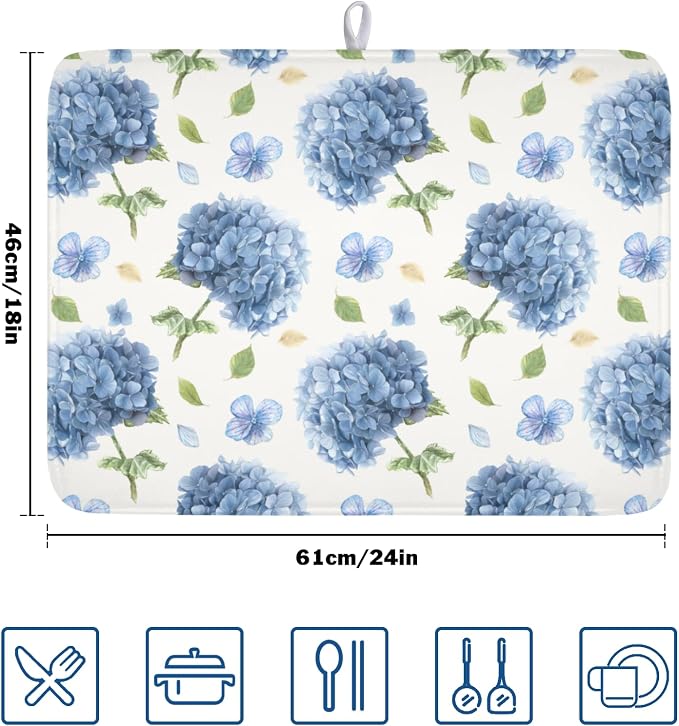 Spring Summer Blue Floral Dish Drying Mat 18x24 Inch | Hydrangea ，Polyester，Absorbent Microfiber，for Kitchen Coffee Dining Bar Decor