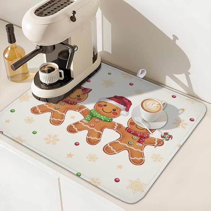 Christmas Gingerbread Man Dish Drying Mat for Kitchen Counter Xmas Gold Snowflake Dish Drainer Mat Rustic Farmhouse Winter Holiday Absorbent Washable Drying Pad 16"x18"