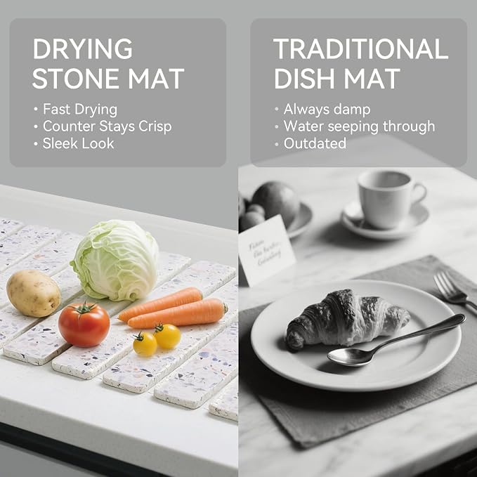 Stone Drying Mat for Kitchen Counter, 24 x 16 inches, Fast Drying Collapsible Dish Drying Mat, Eco-Friendly Absorbent Diatomaceous Earth Mats for Dishes Bottles Cups (Terrazzo)