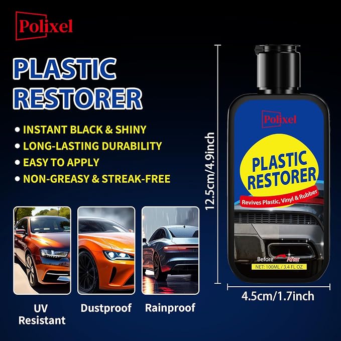 Plastic Restorer for Cars, Restores Faded Plastic, Vinyl, Rubber, Trim, Bumpers & Interior Surfaces to Like-New Finish - Brings Back Deep Black & Color, UV Resistant - 3.4OZ