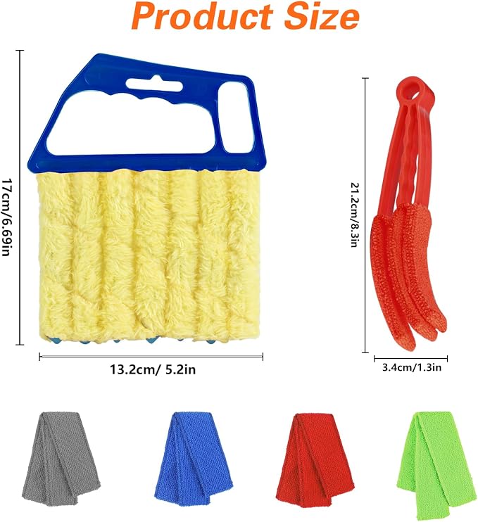 4 Pcs Window Venetian Blind Cleaner Duster Tool Set with 7 Fingers | Blue/Green, For Window Shutters Air Conditioner, Car Vents, Fans. Reusable. Includes 4 Extra Cover