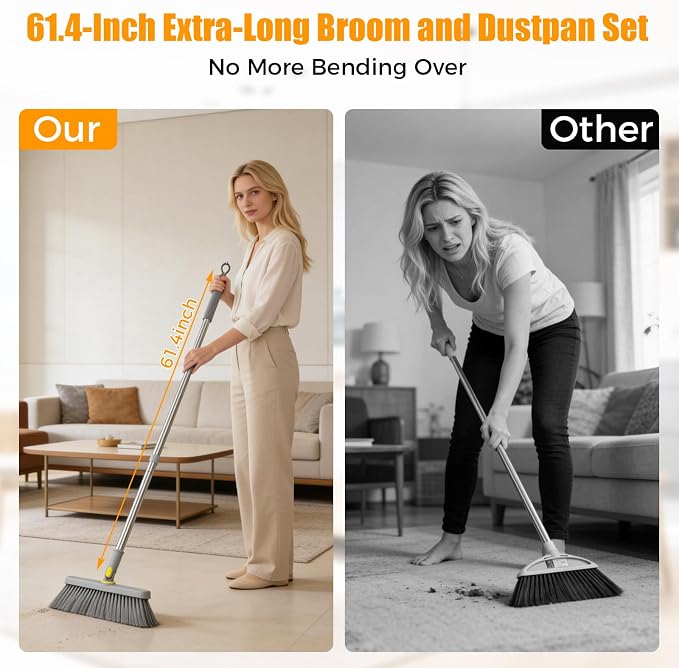 Broom and Dustpan Set, 61-Inch Adjustable Handle, Standing Dustpan | 180° rotating head reaches under furniture; comb teeth remove pet hair and dust for easy indoor and outdoor floor cleaning.