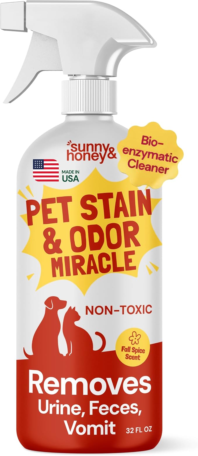 Sunny & Honey Pet Stain and Odor Remover Spray for Carpets, 32floz Spice | USA Made - Enzyme Cleaner for Dog Urine & Poop - Eliminates Set In Stains - Color Safe - For Rugs, Furniture & Car Seats