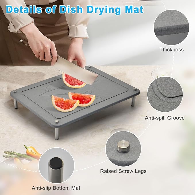 3Pcs Nesting Stone Drying Mat for Kitchen Counter, Quick Drying Dish Drying Mat with Non-Slip Feet, Super Absorbent Heat Resistant Diatomaceous Earth Dish Drying Mat for Dishes, Bottles, Cups-Leaf