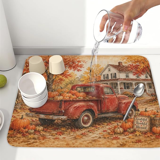 Fall Pumpkin Dish Drying Mat for Kitchen Counter Thanksgiving Autumn Harvest Pattern Microfiber Dish Drainer Mat Vintage Rustic Farmhouse Absorbent Washable Drying Pad 16"x18"