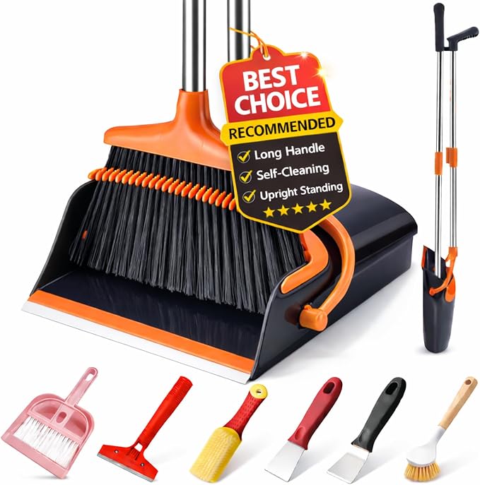 Broom and Dustpan Set with Long Handle, Upright Standing Self-Cleaning Combo, Windproof Dustpan with 6 Bonus Cleaning Tools for Pet Hair, Home, Kitchen, Garage & Apartment