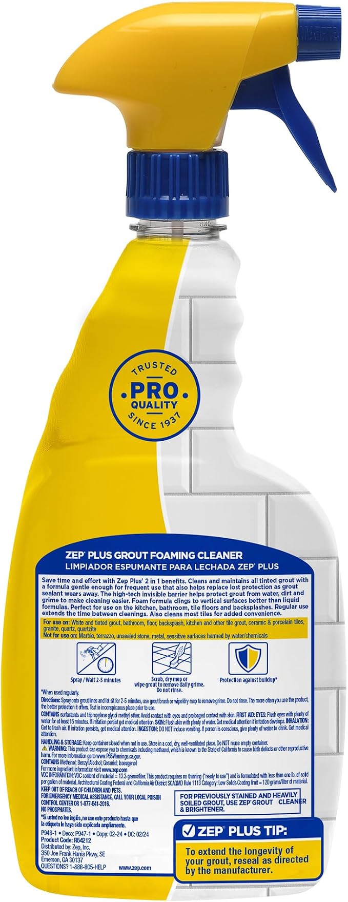 Zep Grout Cleaner and Brightener - ZU104632 - Deep Cleaning Formula Plus Grout Foaming Cleaner - R54212-2-in-1 benefits Deep Clean plus Everyday Clean & Protect