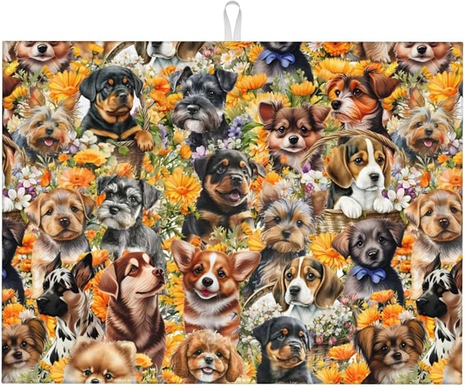 Cute Puppy Dog Dish Drying Mat 18 x 24 Inch for Kitchen Counter Cute Kitchen Mat Microfiber Kitchen Countertop Absorbent Reversible Drainer Rack Pad Dish Drying Mat