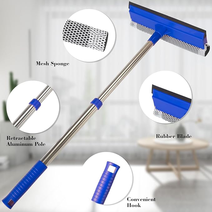 2-in-1 Window Squeegee&Car Squeegee with 15.7"-27.5" Retractable Stainless Steel Handle, Windshield Cleaner Tool for Cars, Trucks, Glass Doors, Shower Glass, Outdoor Windows