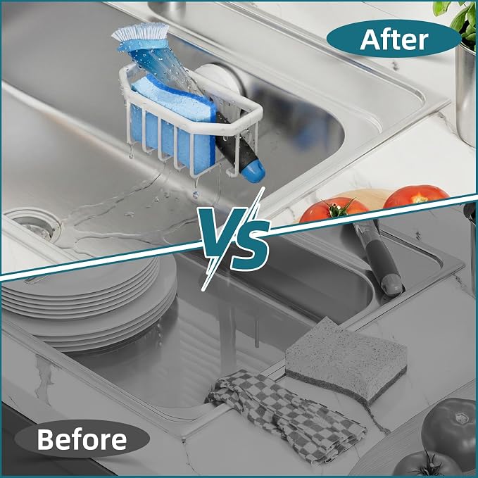 TAILI Sink Caddy with Strong Suction Cup, Sponge Holder for Kitchen Sink Organizer, Removable Sponge Caddy Inside Sink, Rustproof Aluminum Holder for Sponges, Brushes - White