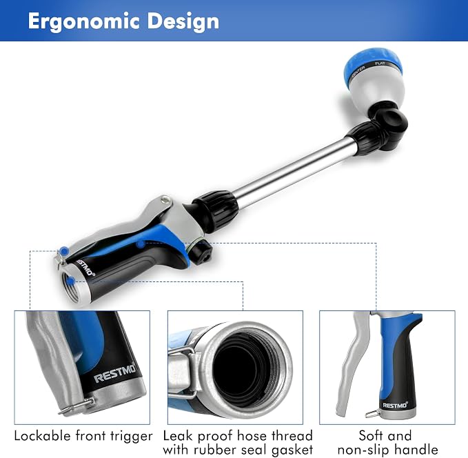 RESTMO Heavy Duty Metal Hose Wand, Watering Wand for Garden Hose | 180° Swivel Ratcheting Head, 16'' Hose Sprayer, 7 Spray Patterns, Flow Control, Ideal for Hanging Baskets & Shrubs, Blue