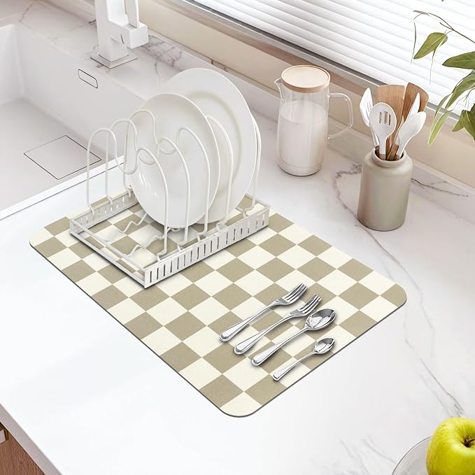 Dish Drying Mat for Kitchen Counter,11.8"x 18.9" Super Absorbent Kitchen Dish Drying Pad, Coffee Bar Mat with Rubber Backed, Coffee Bar Accessories for Countertop,Beige Checkered