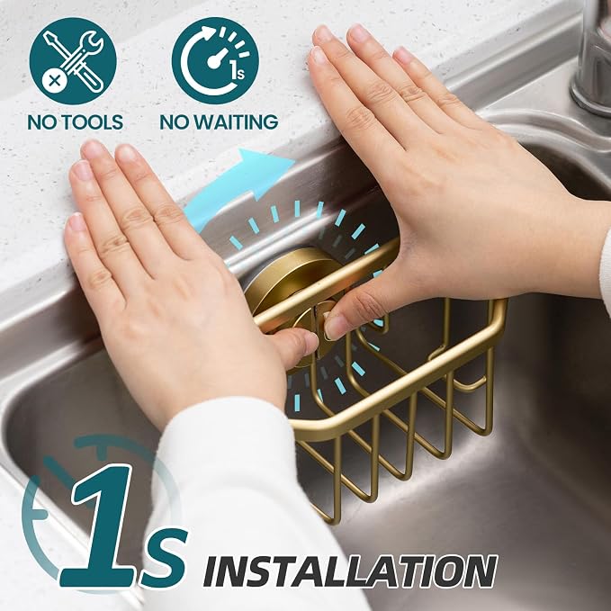 TAILI Sponge Holder for Kitchen Sink with Strong Suction Cup Removable, Rustproof Aluminum Sink Caddy for Sponge, Brush, Scrubber, Scraper -Gold